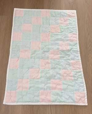 Vintage Hantied Lap Or Crib Quilt Handmade Patchwork 37” X 26” Nursery
